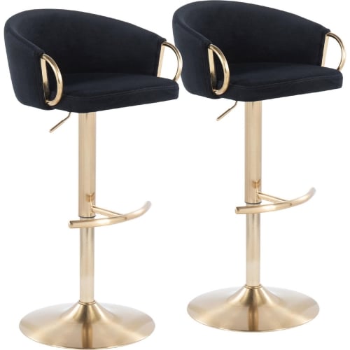 Claire Adjustable Bar Stool in Black Velvet & Gold Metal (Set of 2)